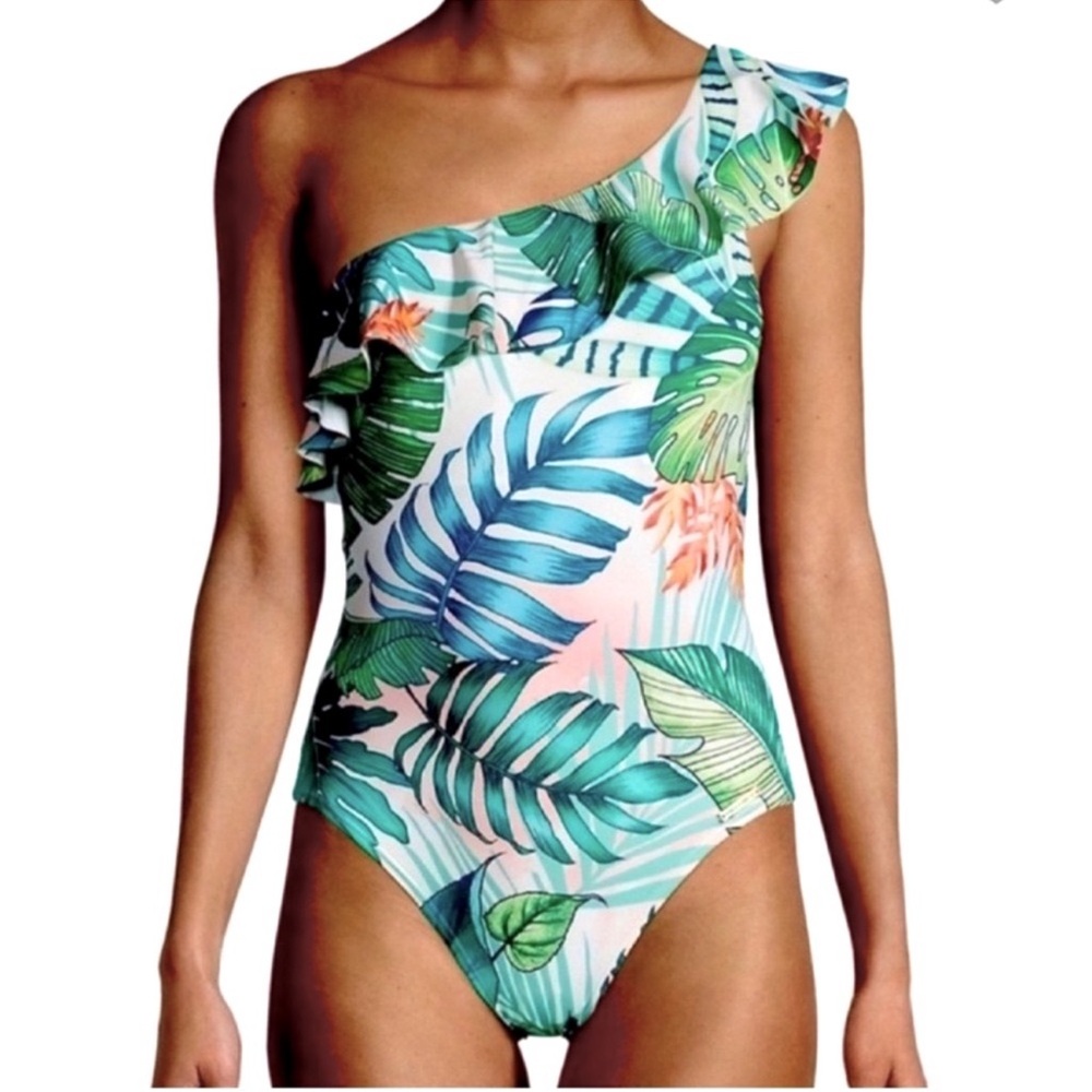 NEW Vince Camuto One Piece Ruffle Shoulder Swimsuit Tropical Green Blue Size 4